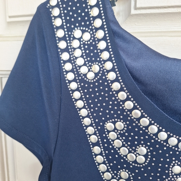 Be Smart Dress Embellished V Neck SzL? Cap Sleeves Navy Knee Length - Picture 7 of 8